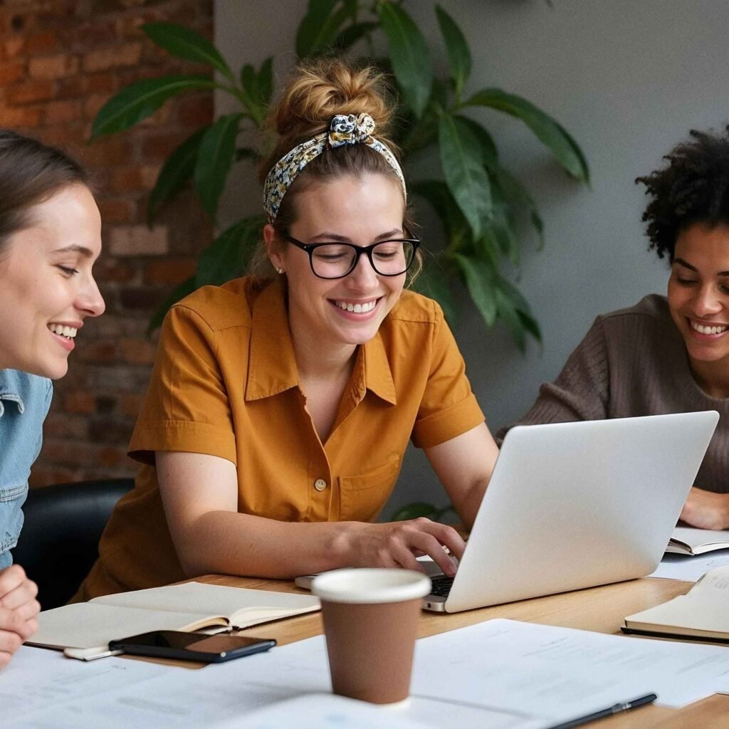 Group collaboration around a laptop in a creative workspace.